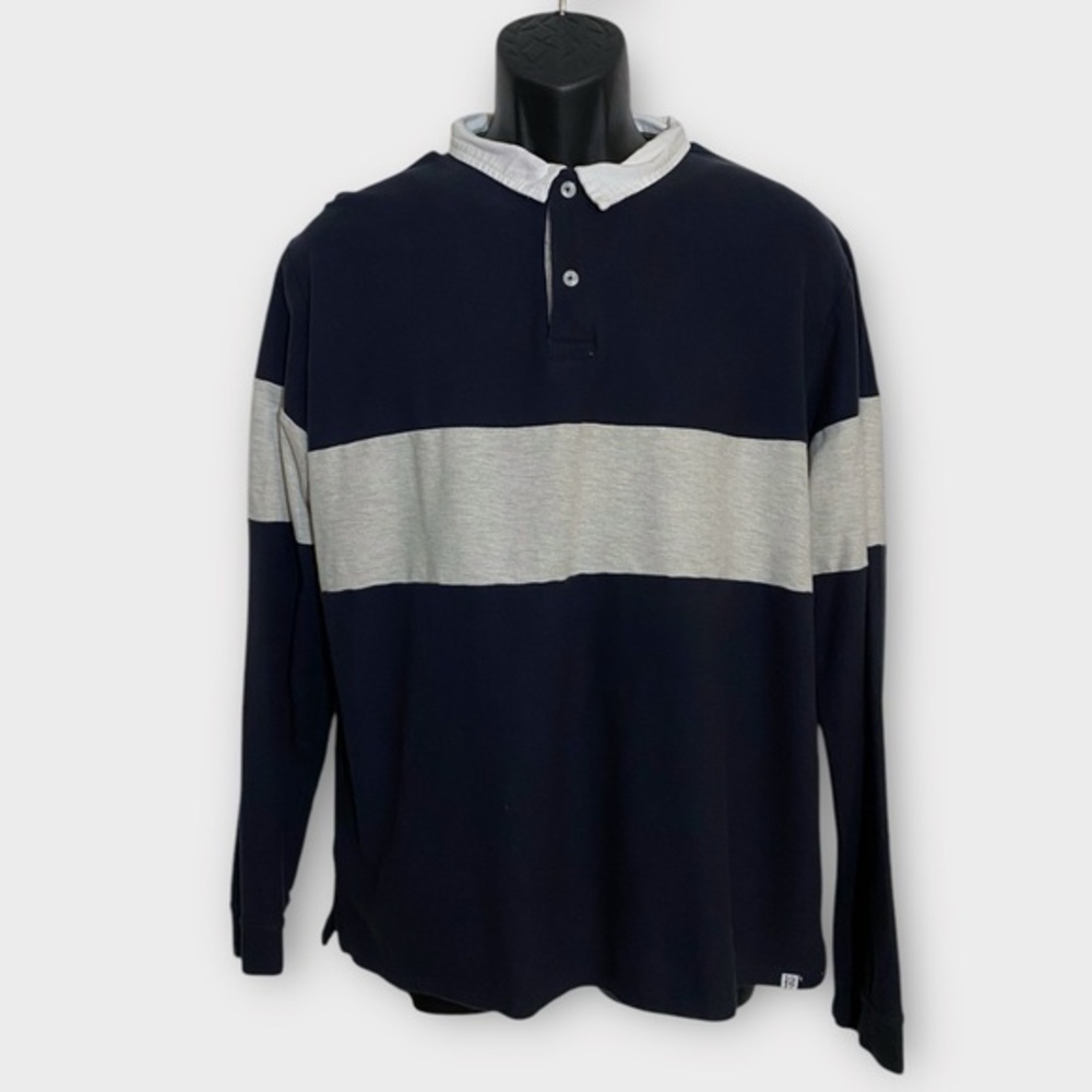 Sovereign Code Men's Navy and Gray Long Sleeve 2 Button Polo Shirt Size XL